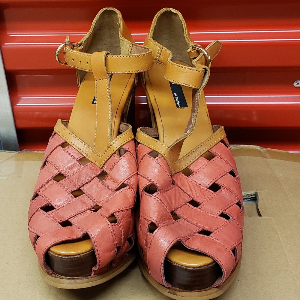 Miista Coral Pink and Tan Woven Leather Sandal Heels
